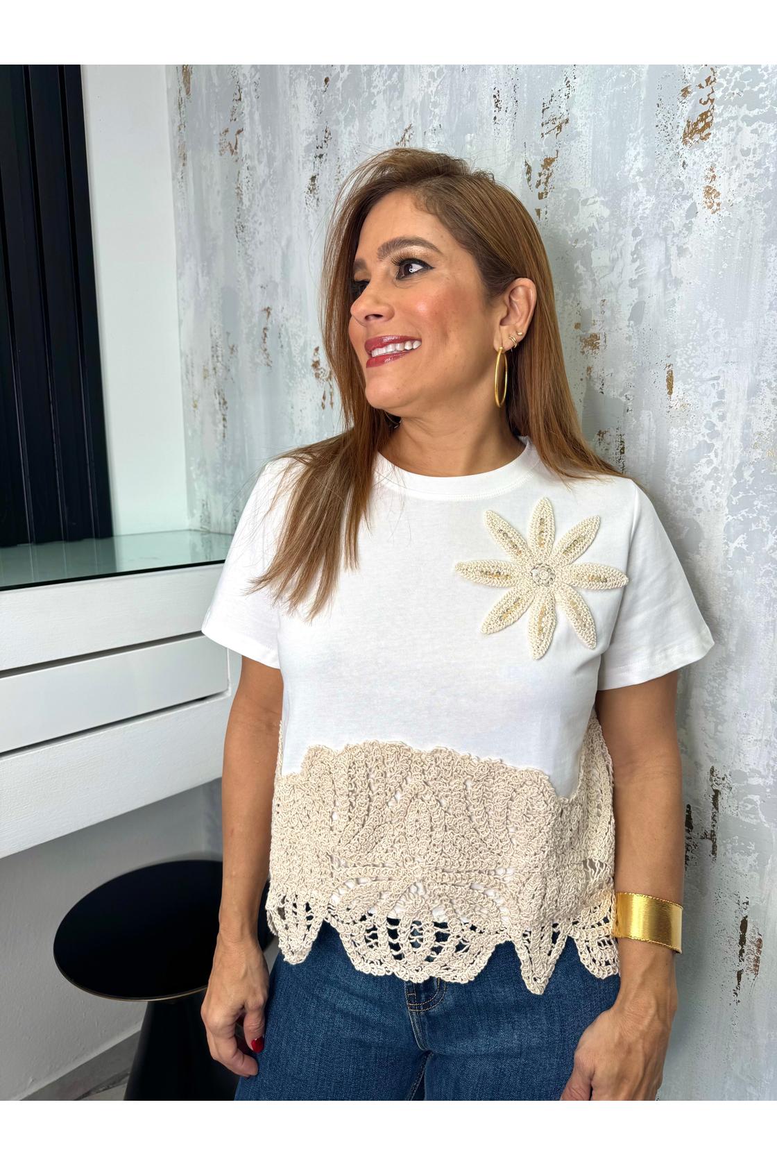 Lace Crochet Sleeve Round Neck T Shirts